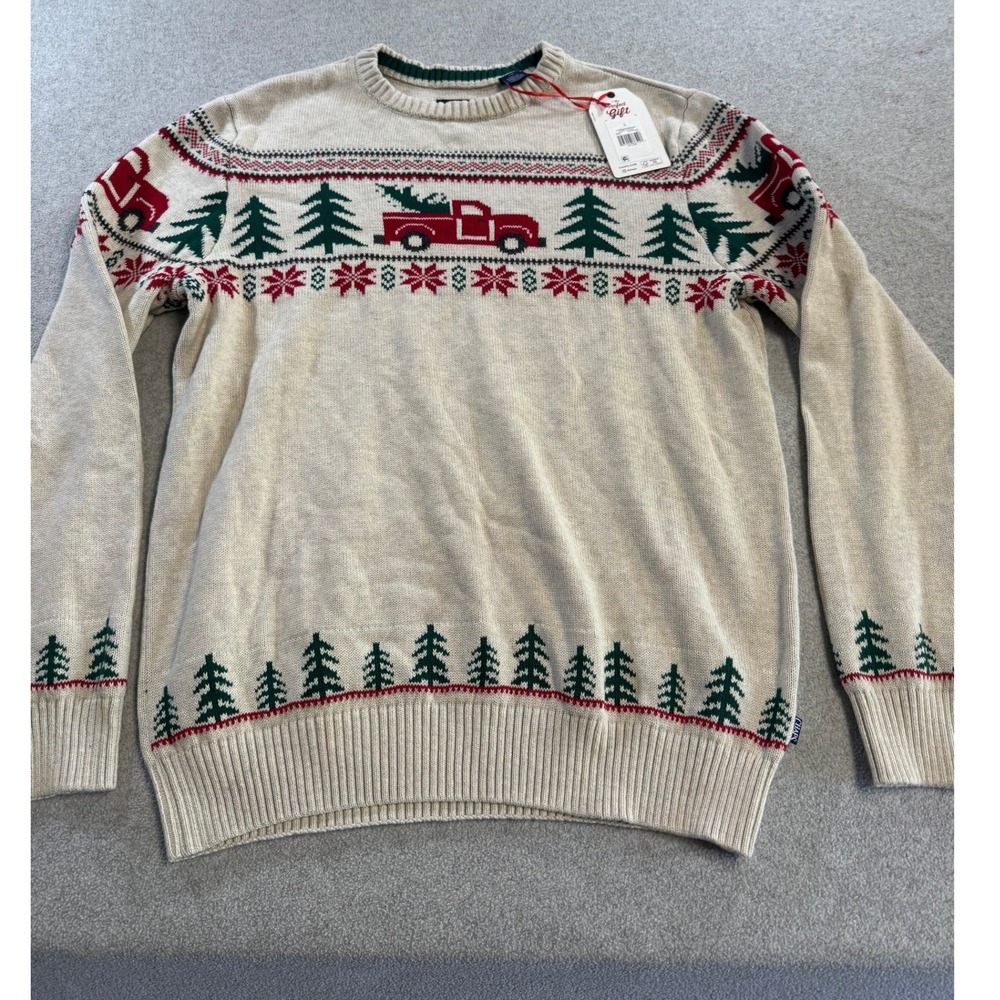 Chaps Christmas Sweater Mens L Oatmeal Heather New Red Truck Holiday Fair Isle